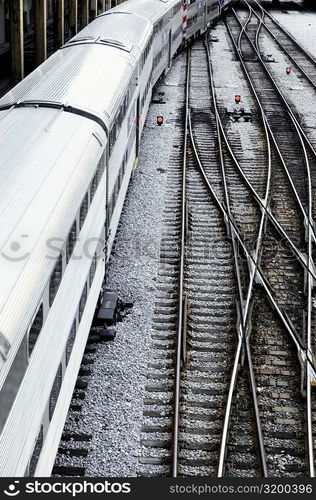 High angle view of a train at a railroad station