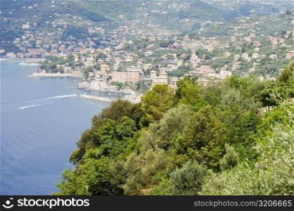 High angle view of a village, Camogli, Italian Riviera, Genoa Province, Liguria, Italy