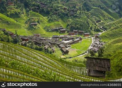 High angle view of a village in a hill range, Jinkeng Terraced Field, Guangxi Province, China