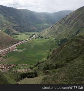 High angle view of a village in Pisac, Sacred Valley, Cusco Region, Peru