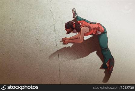 High angle view of a woman exercising and listening to music