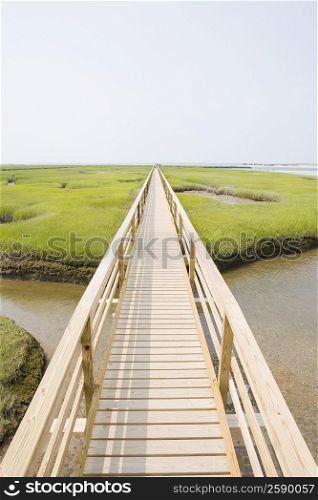 High angle view of a wooden bridge across a lake
