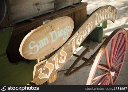 High angle view of a wooden sign for the San Diego Old Town Market, San Diego, California, USA