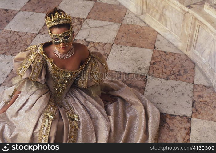 High angle view of a young woman in traditional clothing, Venice, Veneto, Italy