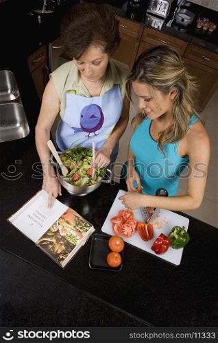 High angle view of a young woman preparing food with her mother in the kitchen