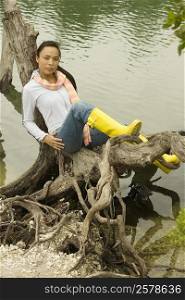 High angle view of a young woman sitting on a tree trunk by the lake
