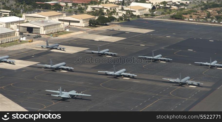 High angle view of airplanes at an airport, Oahu, Hawaii, USA