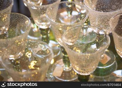 High angle view of an array of wineglasses