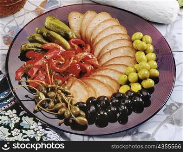 High angle view of antipasto on a plate
