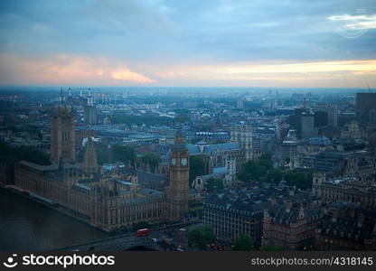 High angle view of Big Ben and Westminster Palace at dawn, London, England, UK