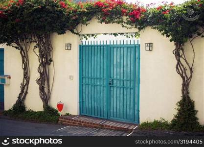High angle view of blue double doors, California, USA