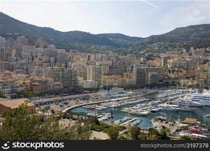 High angle view of boats docked at a harbor, Port of Fontvieille, Monte Carlo, Monaco