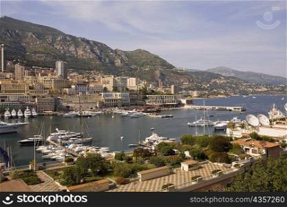 High angle view of boats docked at a harbor, Port of Fontvieille, Monte Carlo, Monaco