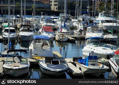 High angle view of boats docked at the harbor, Boston, Massachusetts, USA