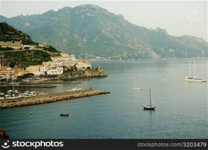 High angle view of boats floating on water, Costiera Amalfitana, Amalfi, Salerno, Campania, Italy