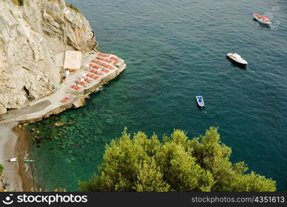 High angle view of boats floating on water, Spiaggia San Pietro, Costiera Amalfitana, Salerno, Campania, Italy