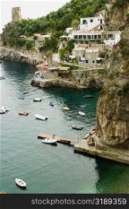 High angle view of boats in the sea, Torre Normanna, Praiano, Amalfi Coast, Salerno, Campania, Italy