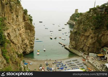 High angle view of boats in the sea, Torre Normanna, Praiano, Amalfi Coast, Salerno, Campania, Italy