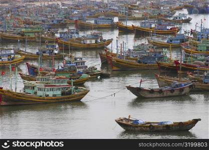 High angle view of boats moored at a harbor, Hoi An, Vietnam