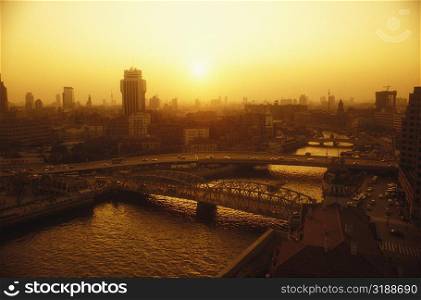 High angle view of bridges across a river, Huangpu river, Shanghai, China