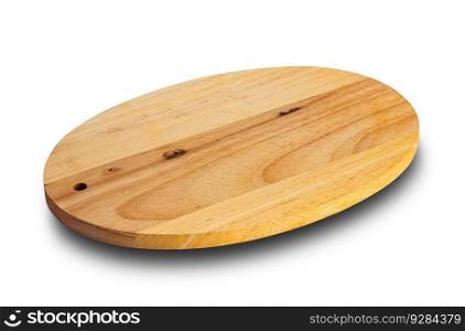 High angle view of brown wooden oval shape cutting board isolated on white background with clipping path.