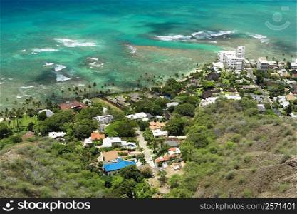 High angle view of buildings at the coast, Diamond Head, Waikiki Beach, Honolulu, Oahu, Hawaii Islands, USA