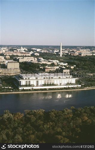High angle view of buildings beside a river, John F. Kennedy Center, Washington DC, USA