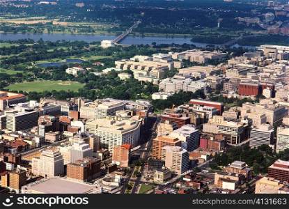 High angle view of buildings beside a river, Washington DC, USA