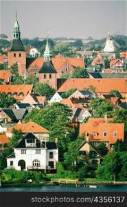 High angle view of buildings in a city, Funen County, Denmark