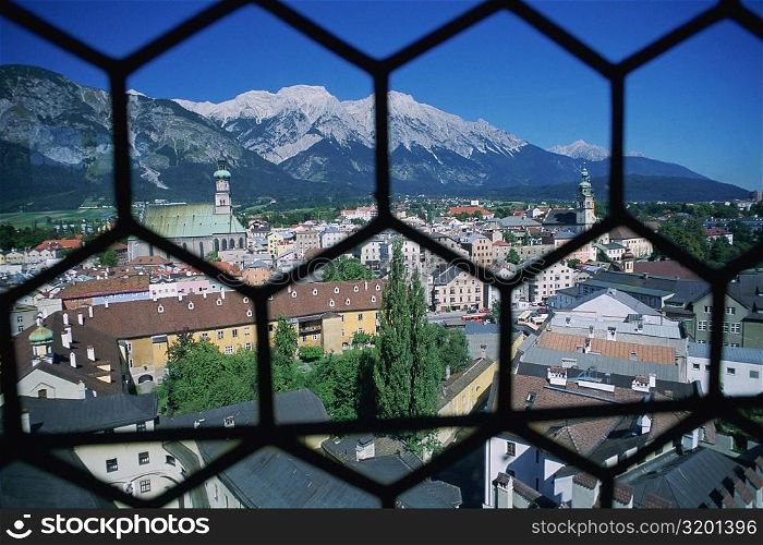 High angle view of buildings in a town, Hall, Austria
