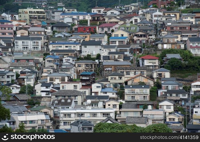 High angle view of buildings in Nagasaki, Japan