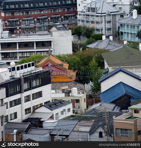 High angle view of buildings in Nagasaki, Japan