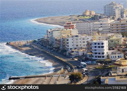 High angle view of buildings on the coast, Rhodes, Dodecanese Islands, Greece