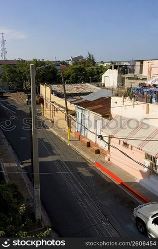 High angle view of buildings on the side of the road