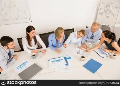 High angle view of business team discussing in boardroom meeting