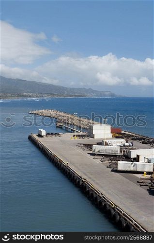 High angle view of cargo containers at a commercial dock