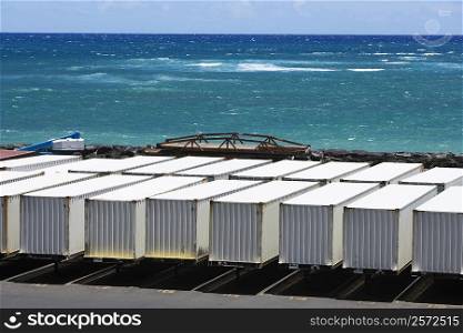High angle view of cargo containers at a commercial dock