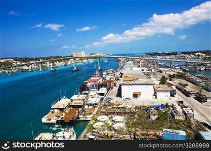 High angle view of cargo containers at a commercial dock, Potter&acute;s Cay, Nassau, Bahamas