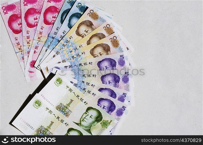 High angle view of Chinese Yuan notes