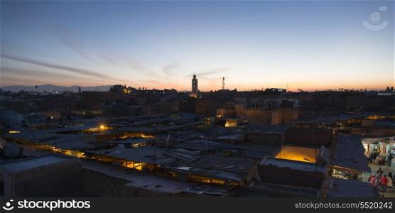High angle view of city at dusk, Medina, Marrakesh, Morocco