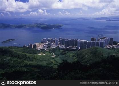 High angle view of city at the coast, Hong Kong, China