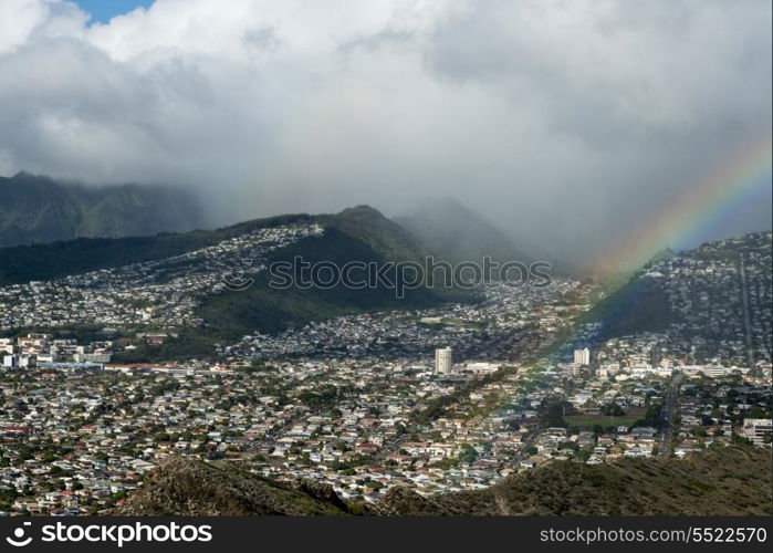 High angle view of city viewed from Diamond Head, Kapahulu, Honolulu, Oahu, Hawaii, USA