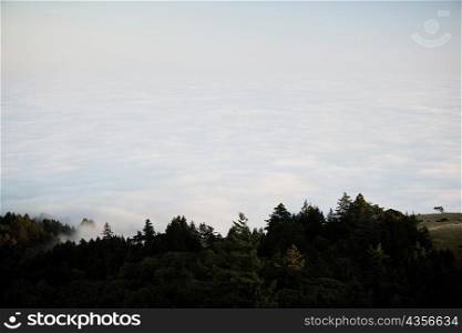 High angle view of clouds around a hill