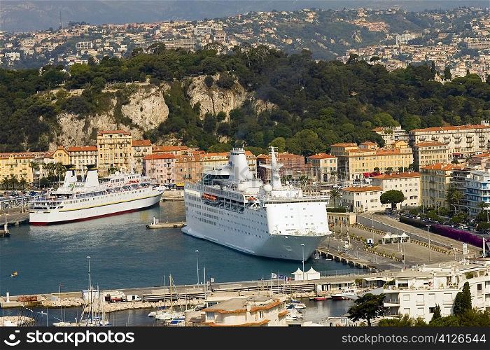 High angle view of cruise ships docked at a harbor, Nice, France