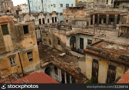 High angle view of dilapidated housing complex, Havana, Cuba