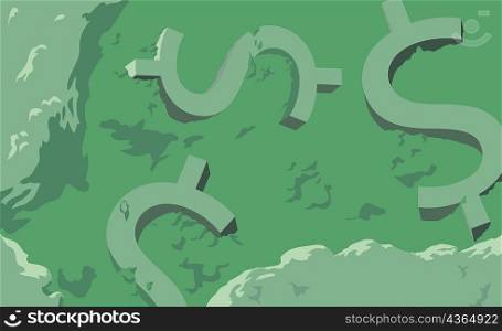 High angle view of dollar signs in mud