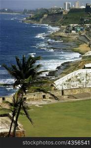 High angle view of El Morro Fort along a coastline, San Juan, Puerto rico