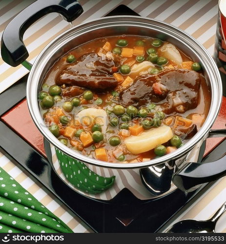 High angle view of estofado carne in a bowl