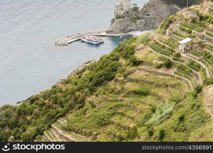 High angle view of ferry in the sea, Ligurian Sea, Italian Riviera, Cinque Terre, La Spezia, Liguria, Italy