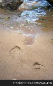 High angle view of footprint of a person in sand